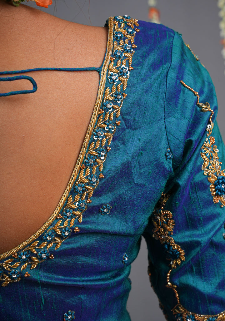 Made to Order: Peacock Blue Pure Raw Silk Blouse with Zardozi and Bead detailing