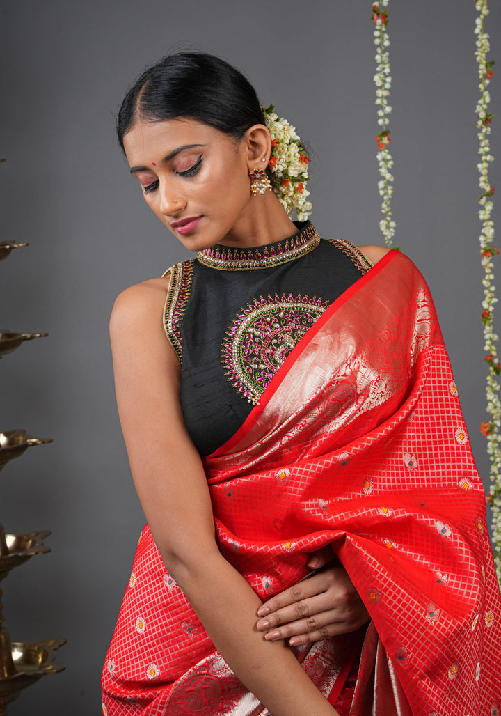 Statement Black Halter Neck Pure Raw Silk Blouse with Kemp Handwork Mandala, Made to Order