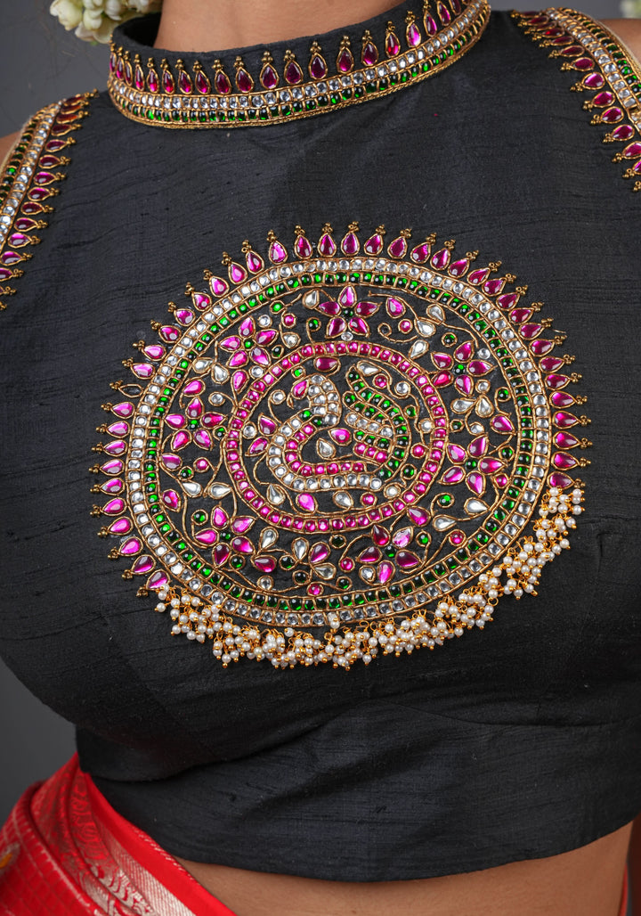 Statement Black Halter Neck Pure Raw Silk Blouse with Kemp Handwork Mandala, Made to Order