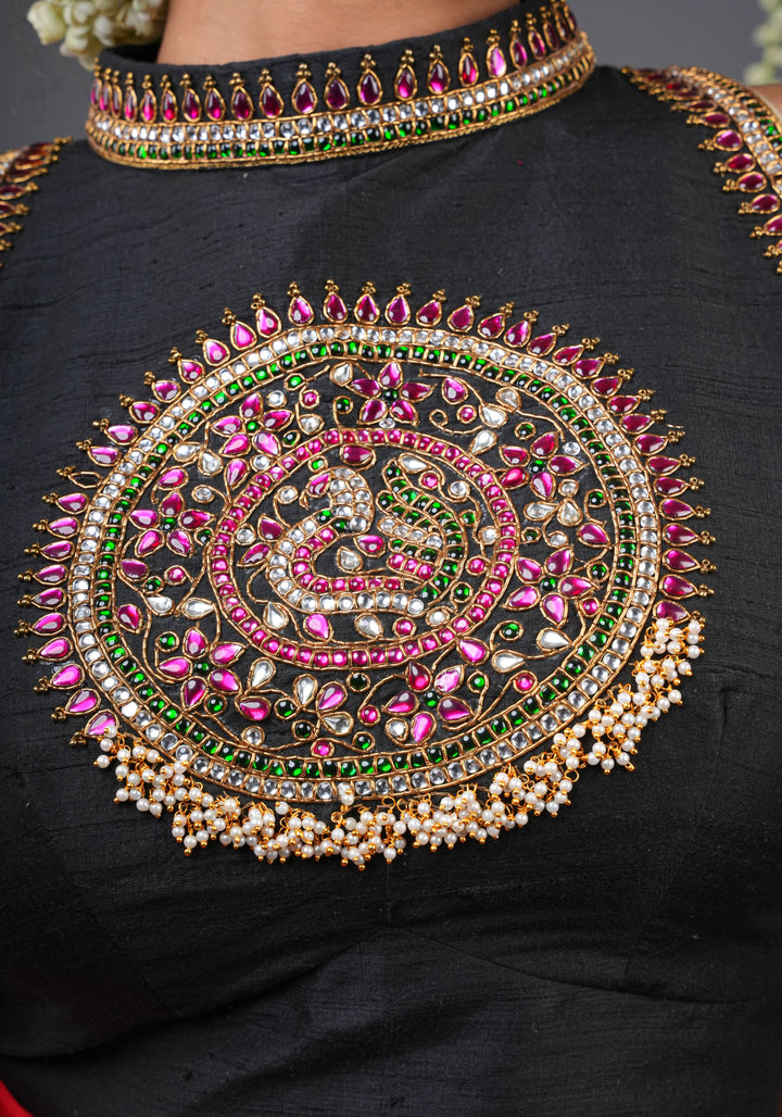 Statement Black Halter Neck Pure Raw Silk Blouse with Kemp Handwork Mandala, Made to Order