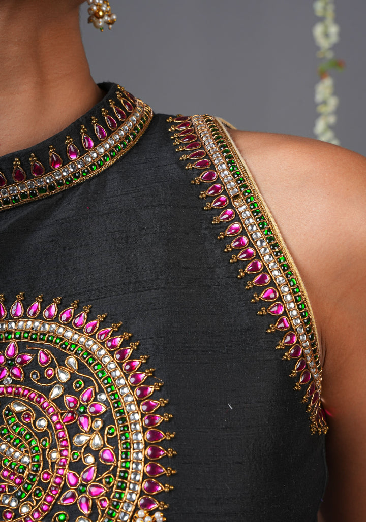 Statement Black Halter Neck Pure Raw Silk Blouse with Kemp Handwork Mandala, Made to Order