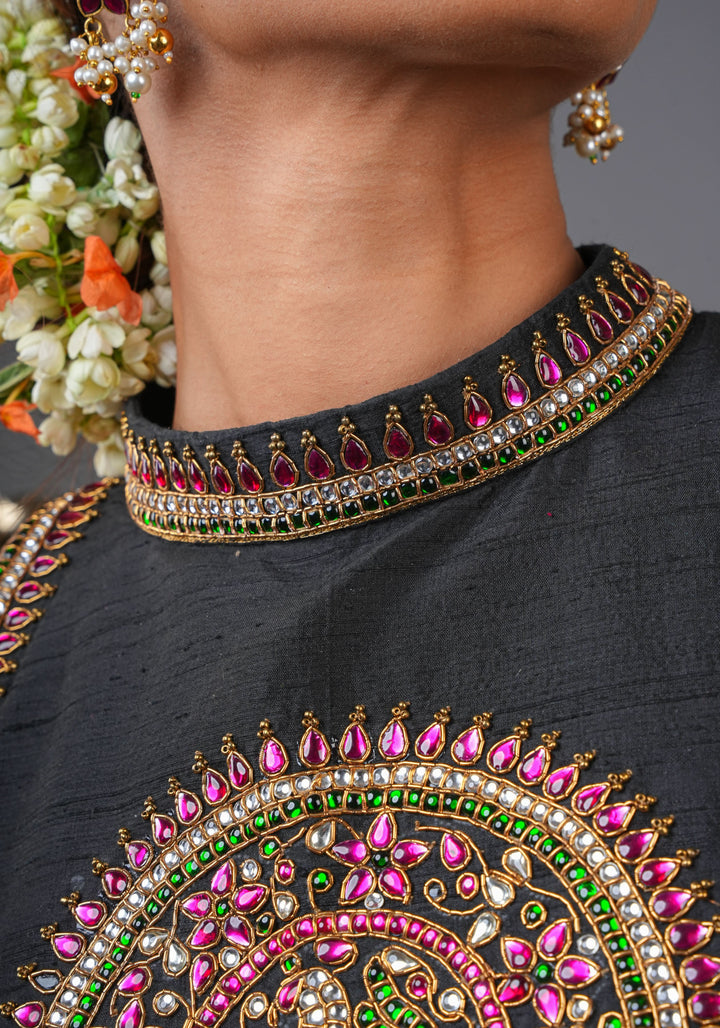 Statement Black Halter Neck Pure Raw Silk Blouse with Kemp Handwork Mandala, Made to Order