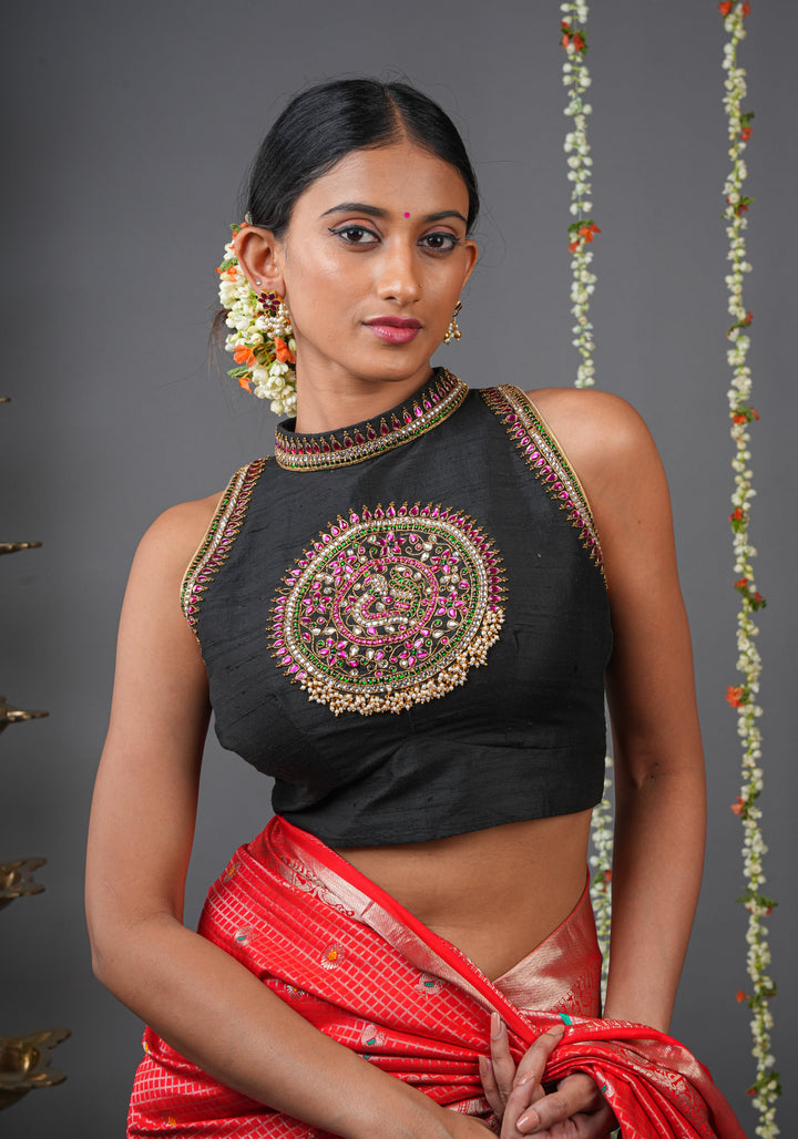Statement Black Halter Neck Pure Raw Silk Blouse with Kemp Handwork Mandala, Made to Order