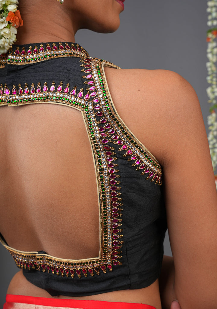 Statement Black Halter Neck Pure Raw Silk Blouse with Kemp Handwork Mandala, Made to Order