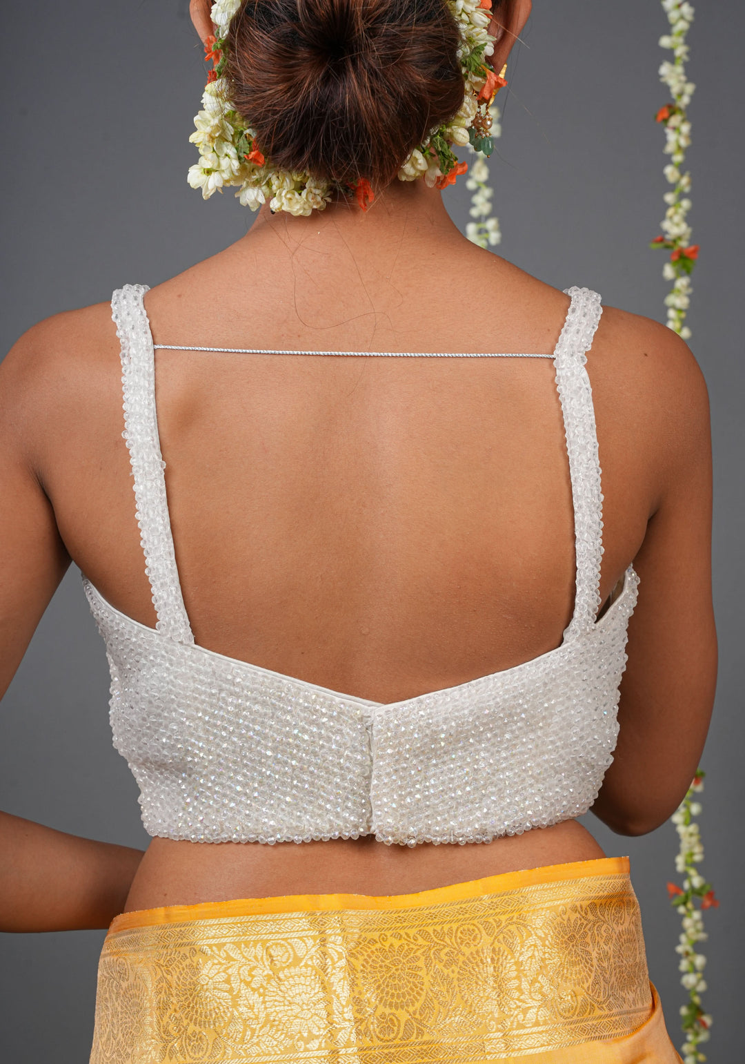 Moti Jadau Blouse with White translucent beads, Stappy Blouse, Made to Order