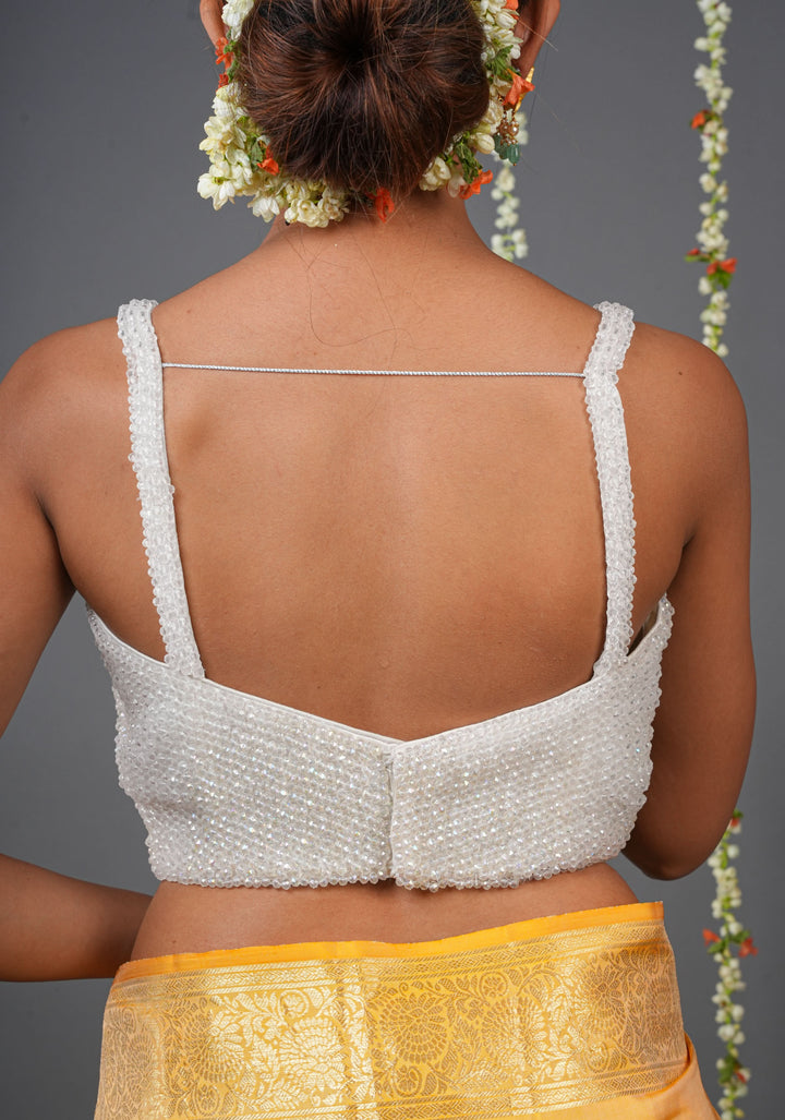 Moti Jadau Blouse with White translucent beads, Stappy Blouse, Made to Order