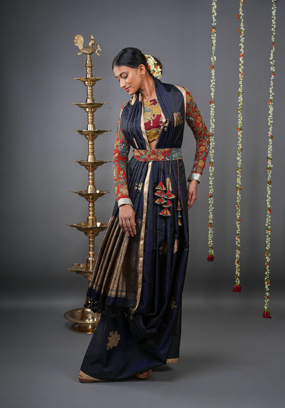 Midnight Blue Tone Banarasi Mashru Silk Saree with zari Floral Motifs | SILK MARK CERTIFIED