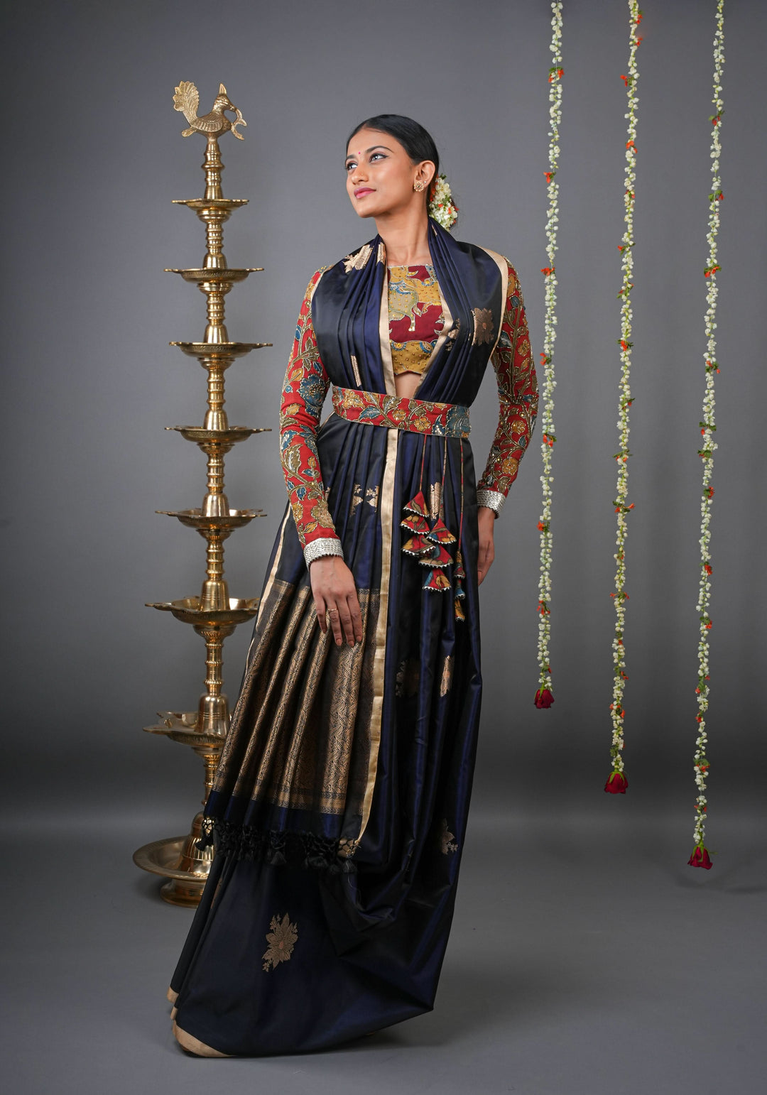 Midnight Blue Tone Banarasi Mashru Silk Saree with zari Floral Motifs | SILK MARK CERTIFIED