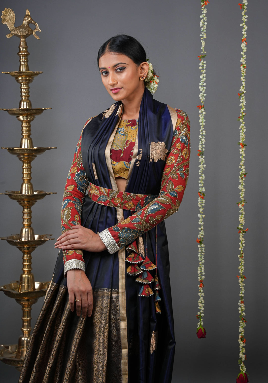 Midnight Blue Tone Banarasi Mashru Silk Saree with zari Floral Motifs | SILK MARK CERTIFIED