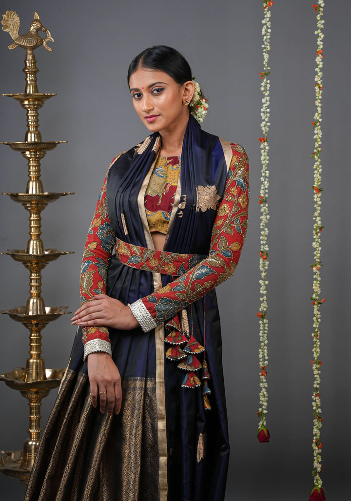 Midnight Blue Tone Banarasi Mashru Silk Saree with zari Floral Motifs | SILK MARK CERTIFIED