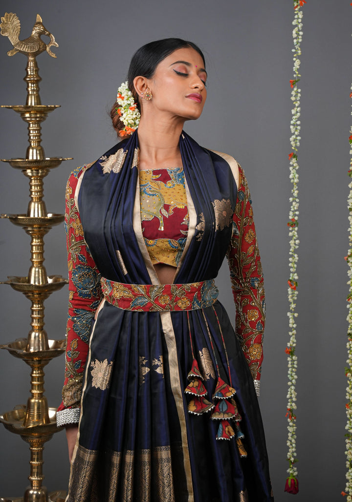 Midnight Blue Tone Banarasi Mashru Silk Saree with zari Floral Motifs | SILK MARK CERTIFIED