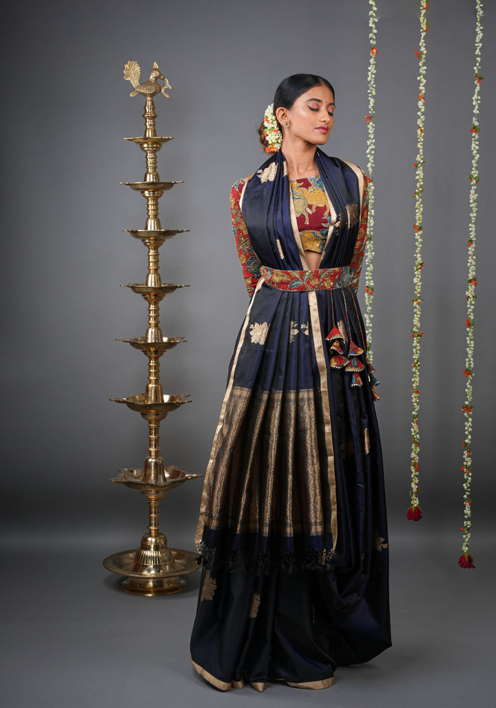Midnight Blue Tone Banarasi Mashru Silk Saree with zari Floral Motifs | SILK MARK CERTIFIED