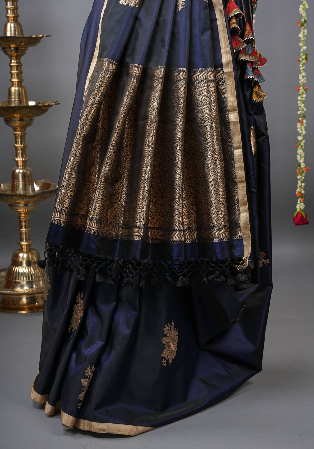 Midnight Blue Tone Banarasi Mashru Silk Saree with zari Floral Motifs | SILK MARK CERTIFIED