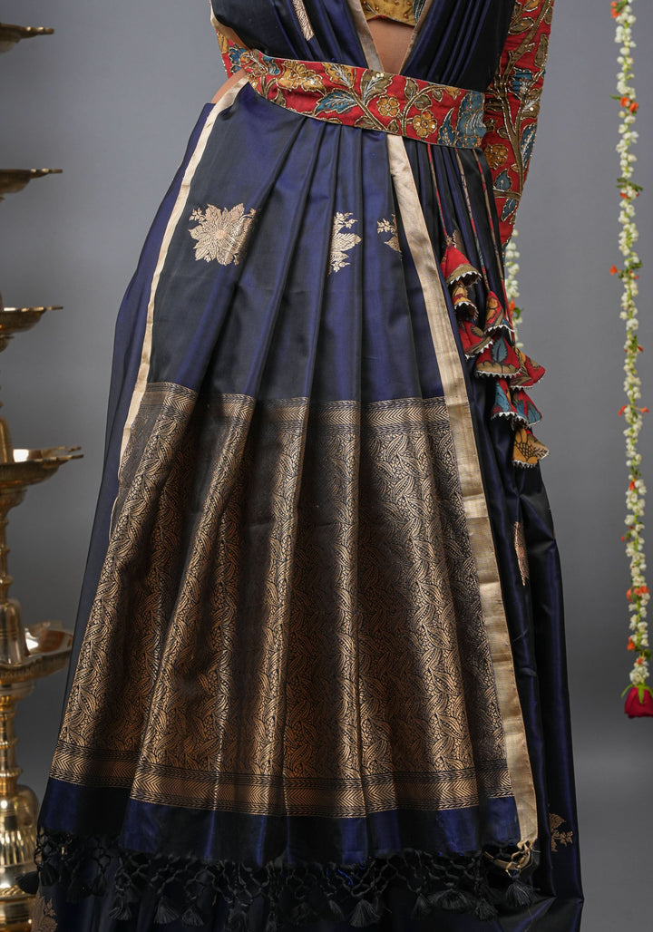 Midnight Blue Tone Banarasi Mashru Silk Saree with zari Floral Motifs | SILK MARK CERTIFIED