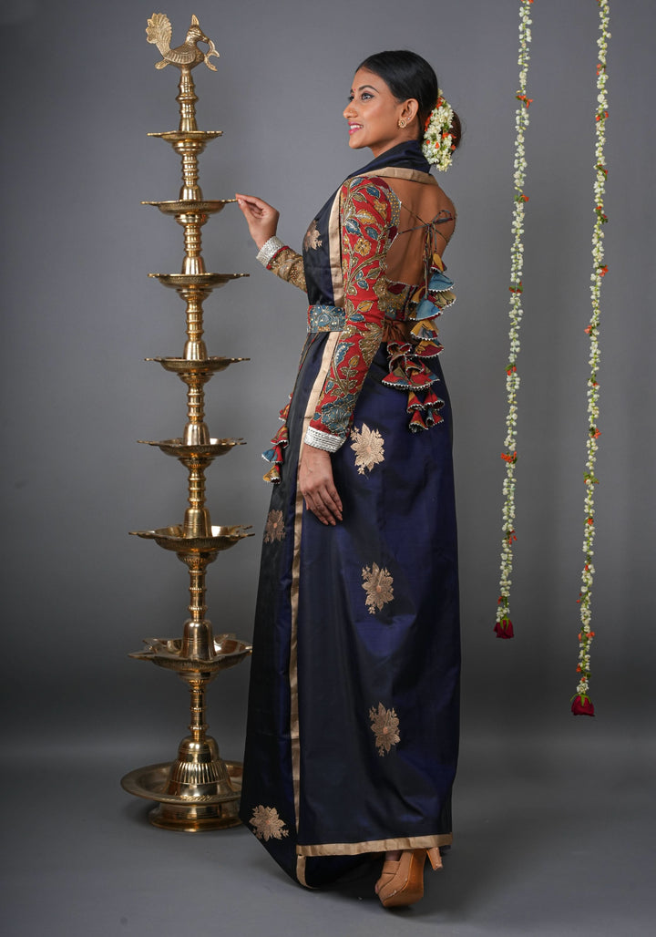 Midnight Blue Tone Banarasi Mashru Silk Saree with zari Floral Motifs | SILK MARK CERTIFIED