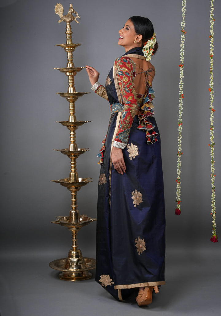 Midnight Blue Tone Banarasi Mashru Silk Saree with zari Floral Motifs | SILK MARK CERTIFIED