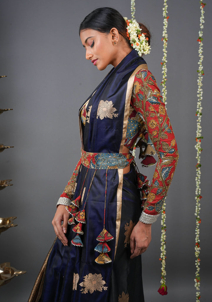 Midnight Blue Tone Banarasi Mashru Silk Saree with zari Floral Motifs | SILK MARK CERTIFIED