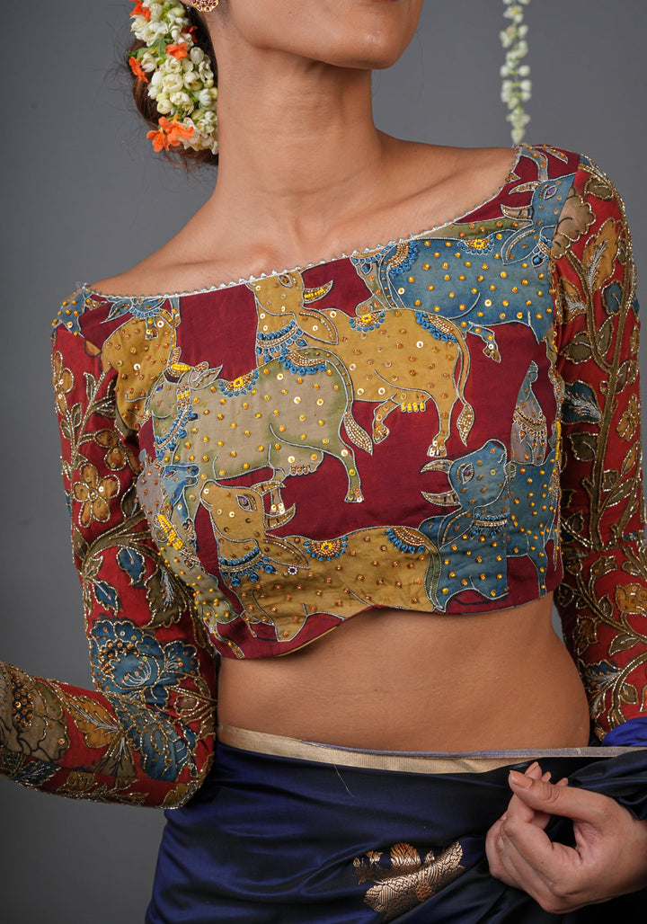 Exquisite Pen Kalamkari and Cutdana Handwork on Maroon Full Sleeve Blouse