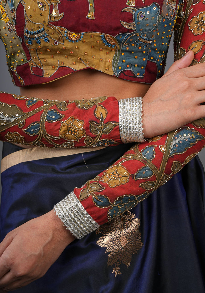 Exquisite Pen Kalamkari and Cutdana Handwork on Maroon Full Sleeve Blouse