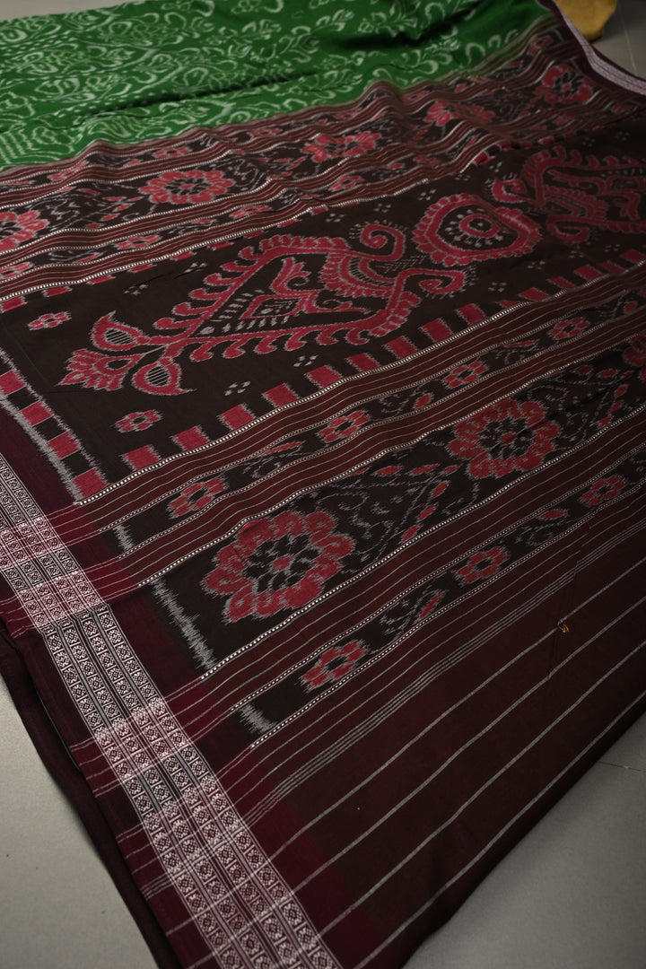 Grass Green Sambhalpuri ikkat Cotton Handloom Saree With Contrast Border, No Blouse Piece