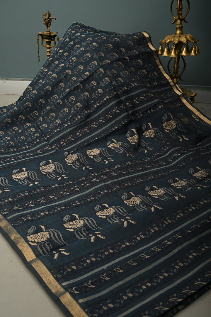 Deep Blue Mercerized cotton Saree with Hand Block Print and Minimal Zari Border | SHOBITAM
