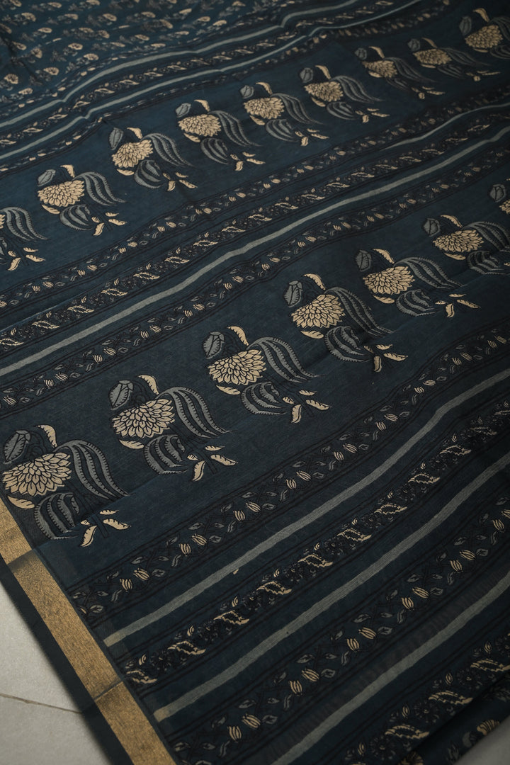Deep Blue Mercerized cotton Saree with Hand Block Print and Minimal Zari Border | SHOBITAM