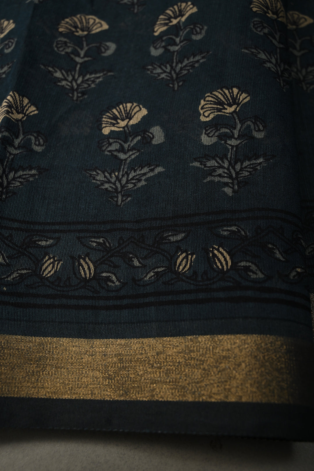 Deep Blue Mercerized cotton Saree with Hand Block Print and Minimal Zari Border | SHOBITAM