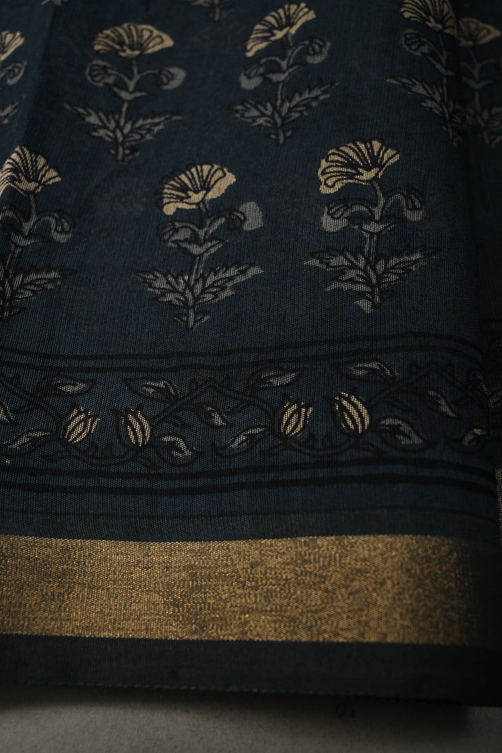 Deep Blue Mercerized cotton Saree with Hand Block Print and Minimal Zari Border | SHOBITAM