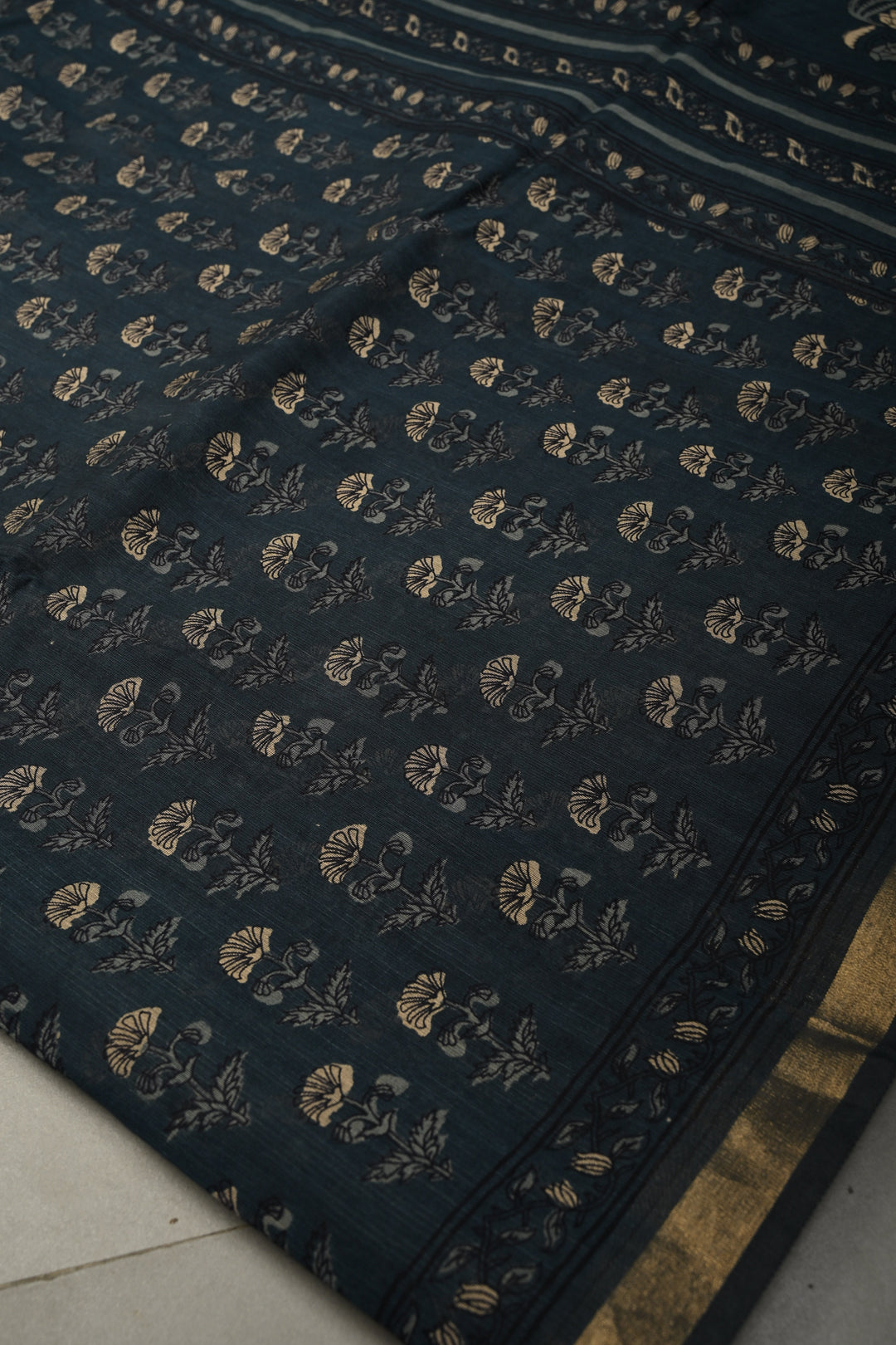 Deep Blue Mercerized cotton Saree with Hand Block Print and Minimal Zari Border | SHOBITAM