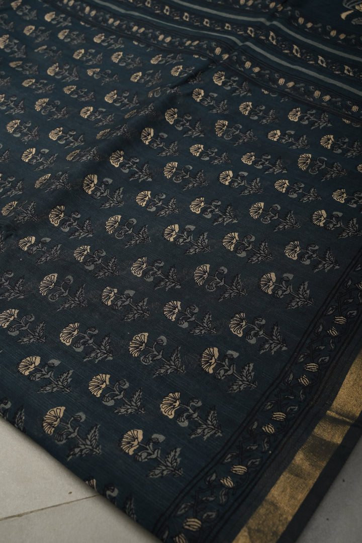 Deep Blue Mercerized cotton Saree with Hand Block Print and Minimal Zari Border | SHOBITAM
