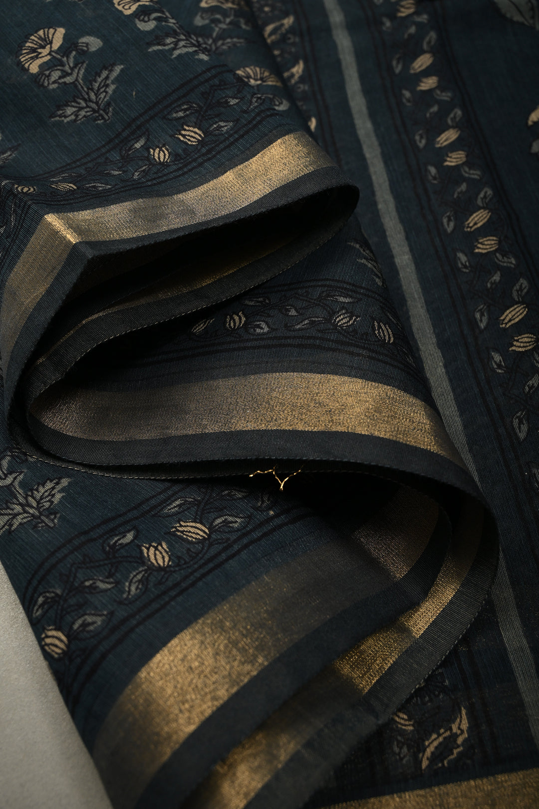 Deep Blue Mercerized cotton Saree with Hand Block Print and Minimal Zari Border | SHOBITAM