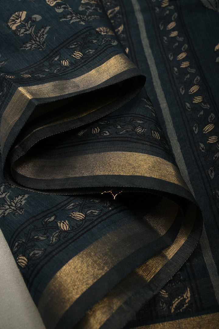 Deep Blue Mercerized cotton Saree with Hand Block Print and Minimal Zari Border | SHOBITAM
