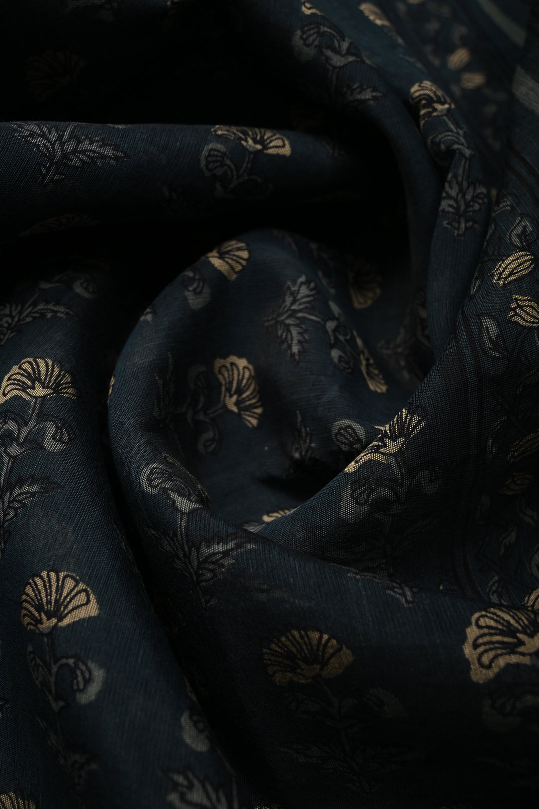 Deep Blue Mercerized cotton Saree with Hand Block Print and Minimal Zari Border | SHOBITAM