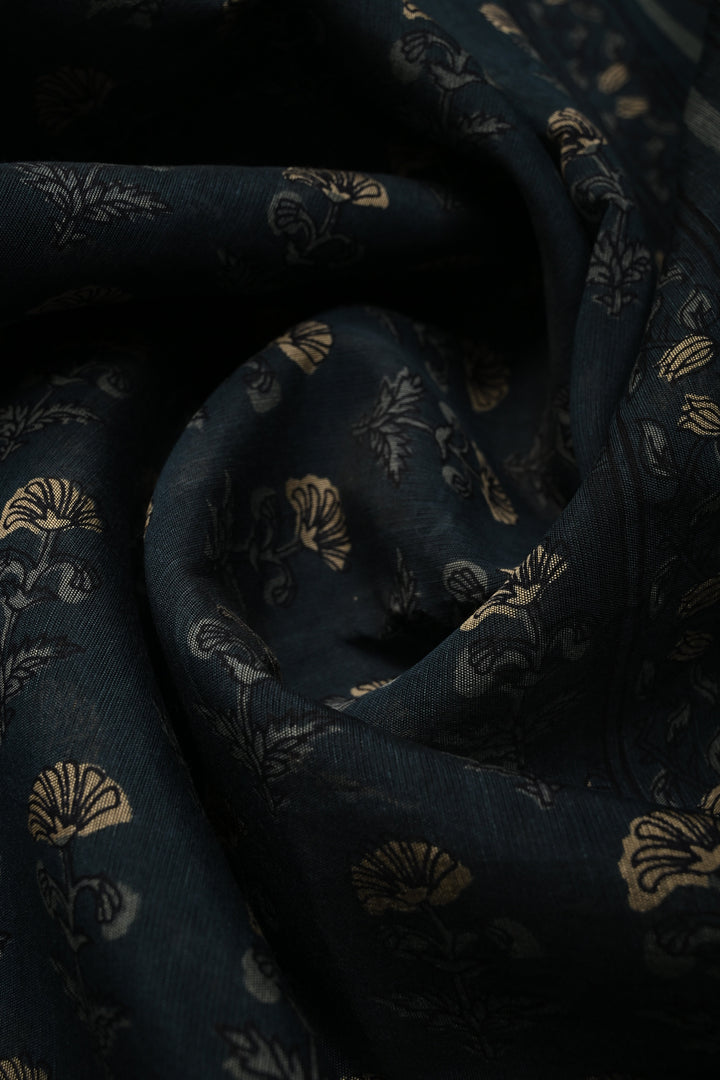 Deep Blue Mercerized cotton Saree with Hand Block Print and Minimal Zari Border | SHOBITAM