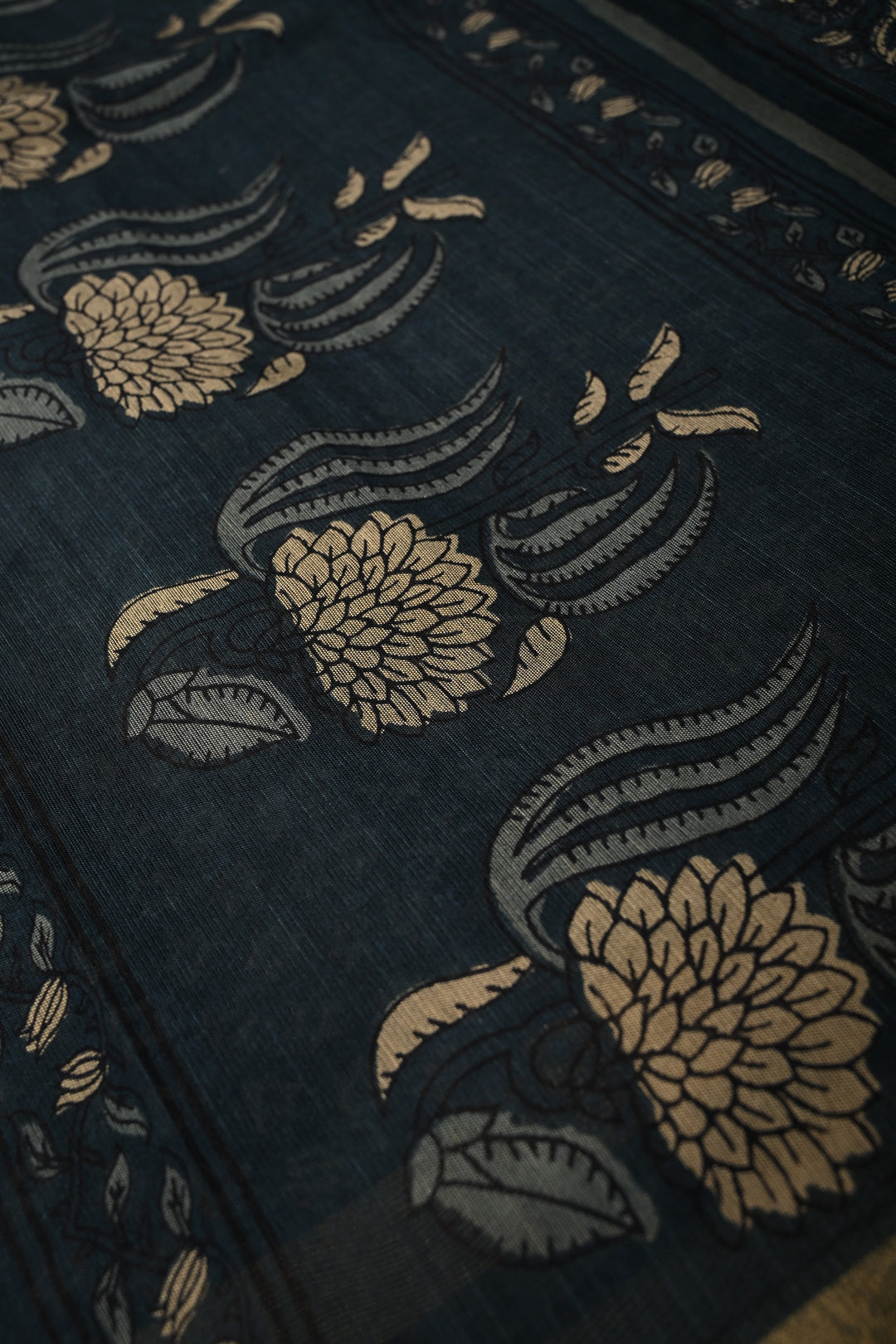 Deep Blue Mercerized cotton Saree with Hand Block Print and Minimal Zari Border | SHOBITAM