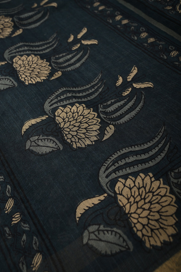 Deep Blue Mercerized cotton Saree with Hand Block Print and Minimal Zari Border | SHOBITAM