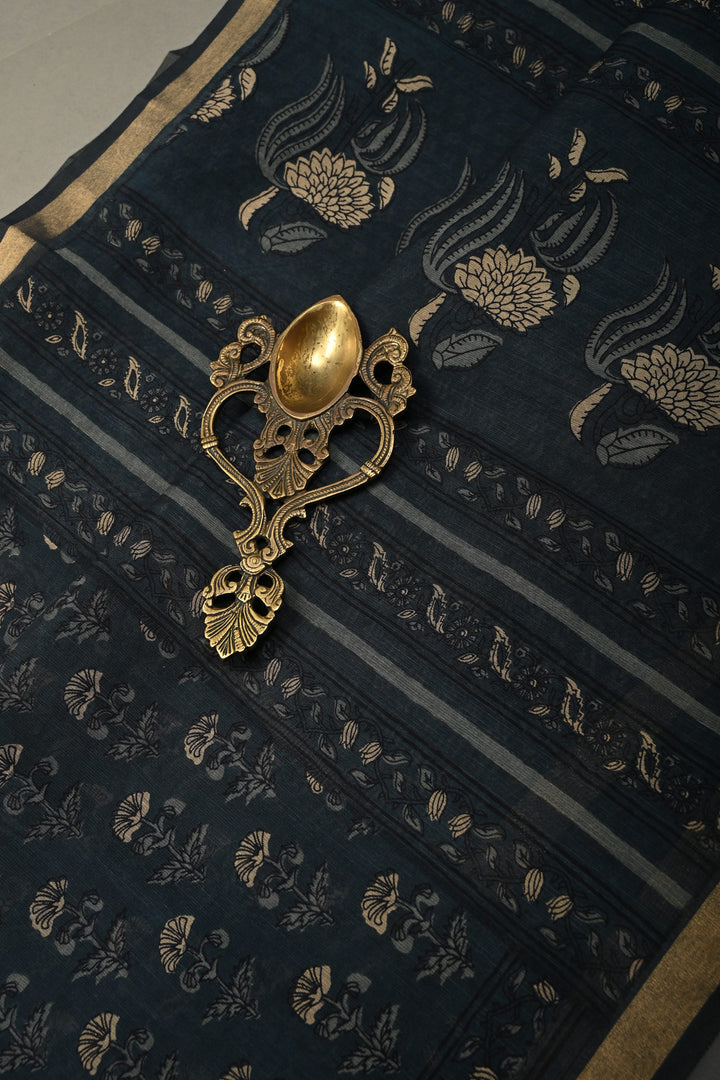 Deep Blue Mercerized cotton Saree with Hand Block Print and Minimal Zari Border | SHOBITAM