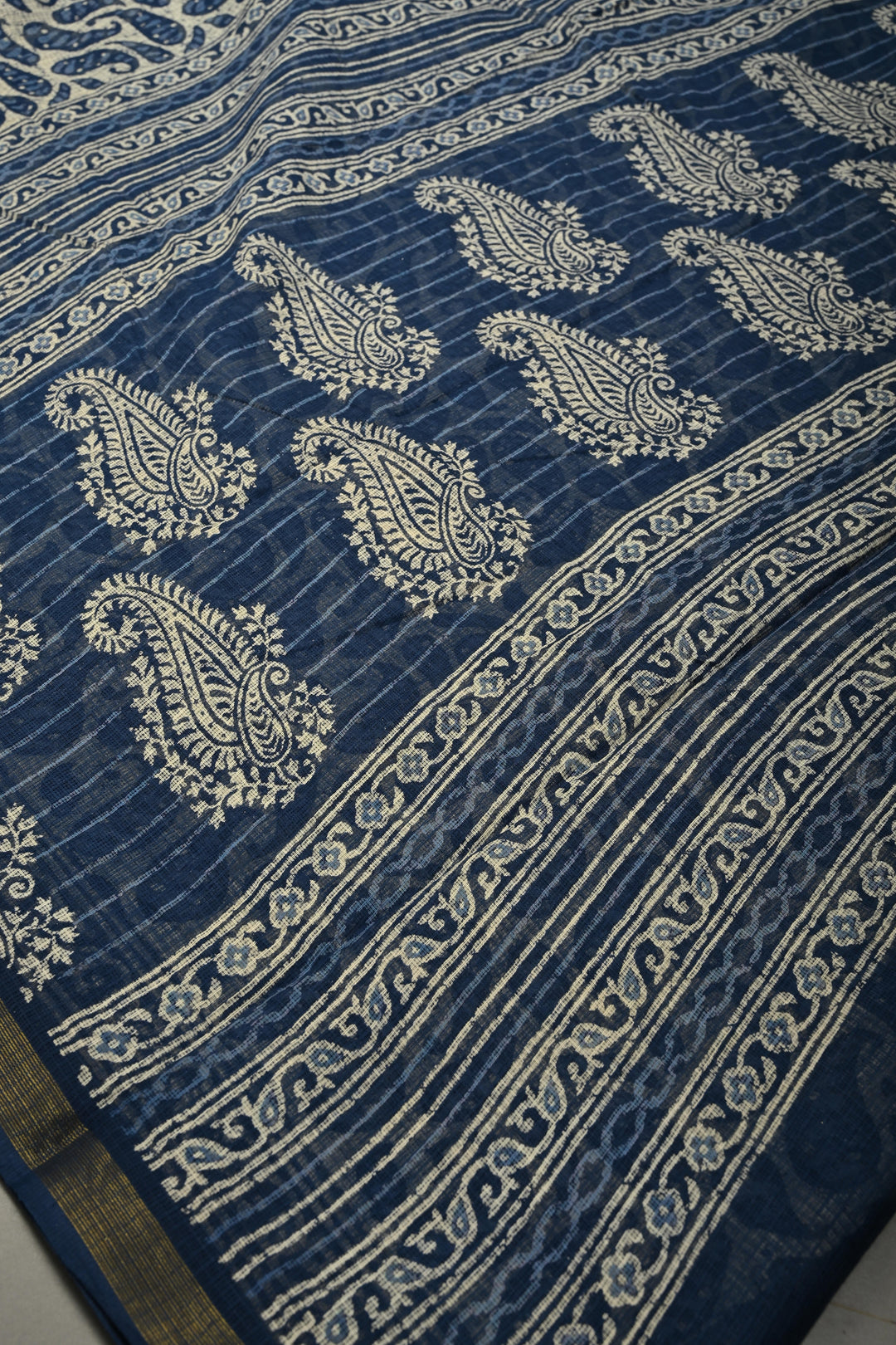 Beige Kota Doria Cotton Saree with Paisley Hand Block Print and Minimal Tissue Zari Border