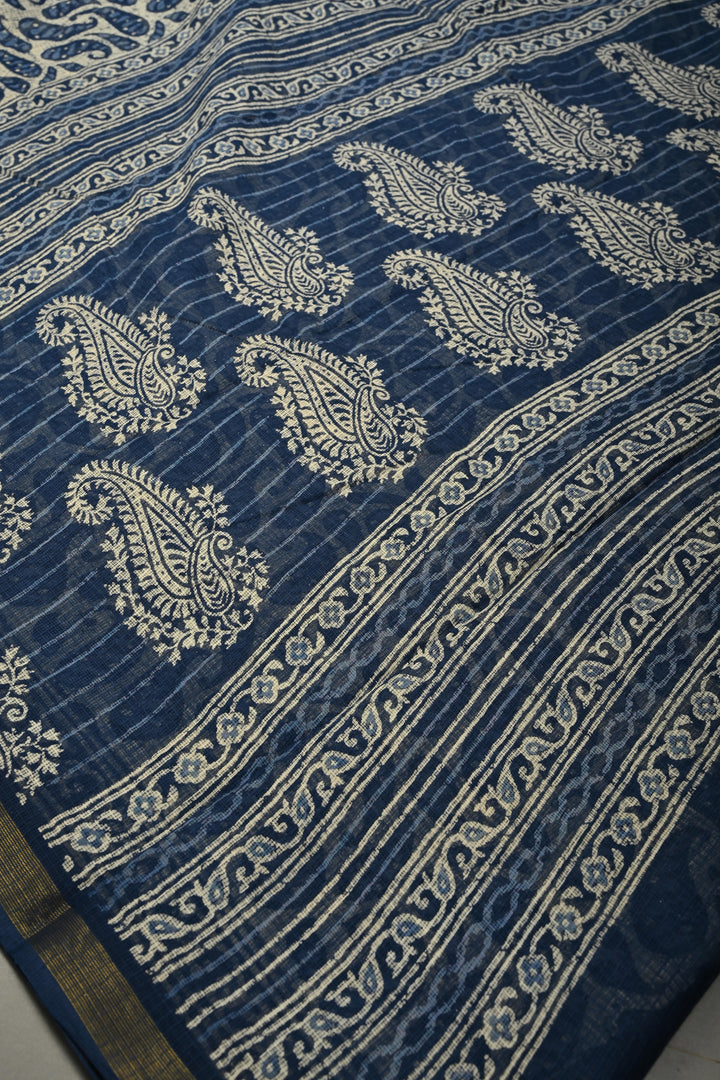 Beige Kota Doria Cotton Saree with Paisley Hand Block Print and Minimal Tissue Zari Border