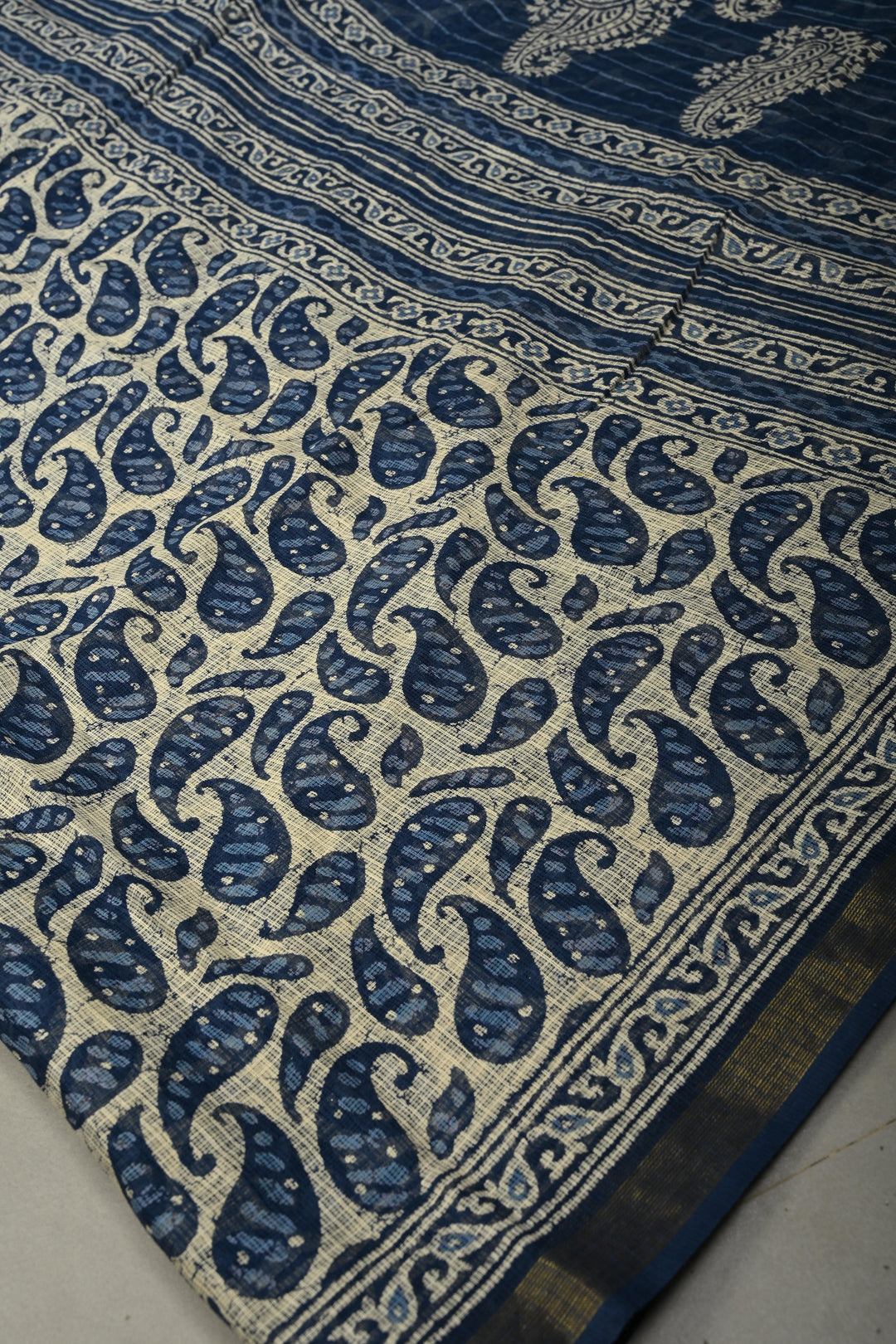 Beige Kota Doria Cotton Saree with Paisley Hand Block Print and Minimal Tissue Zari Border