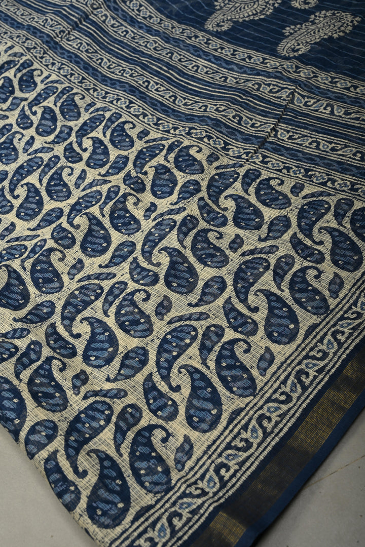 Beige Kota Doria Cotton Saree with Paisley Hand Block Print and Minimal Tissue Zari Border