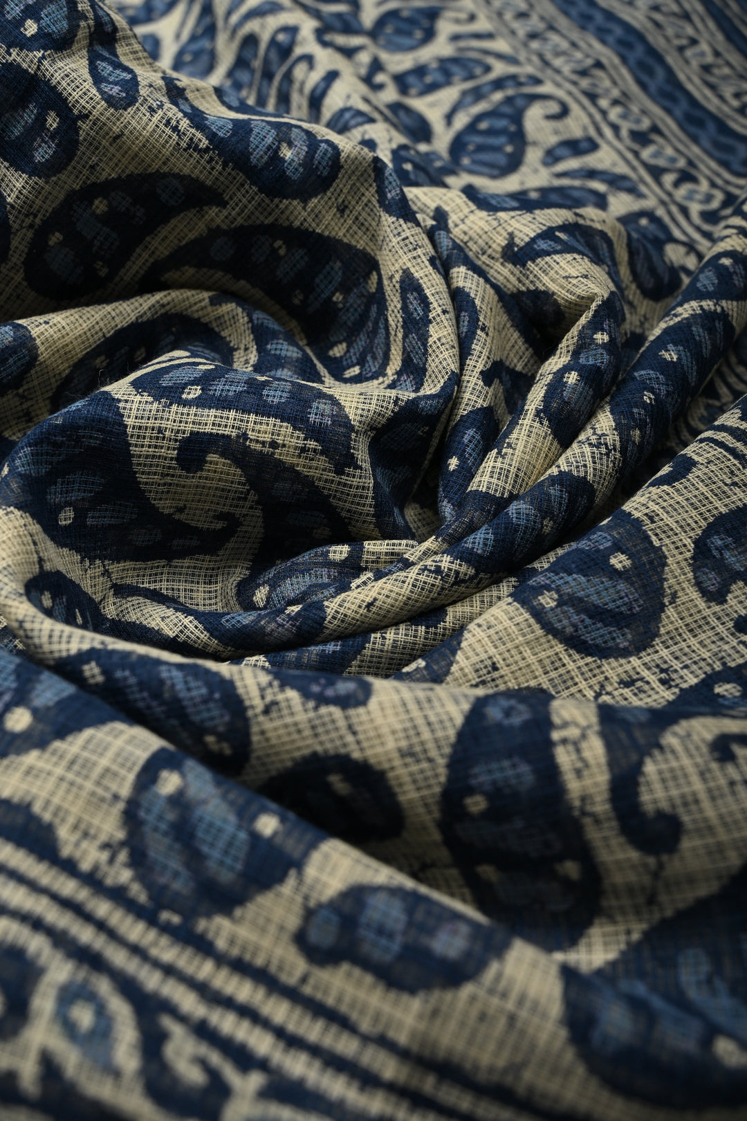 Beige Kota Doria Cotton Saree with Paisley Hand Block Print and Minimal Tissue Zari Border