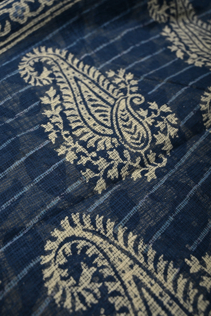 Beige Kota Doria Cotton Saree with Paisley Hand Block Print and Minimal Tissue Zari Border