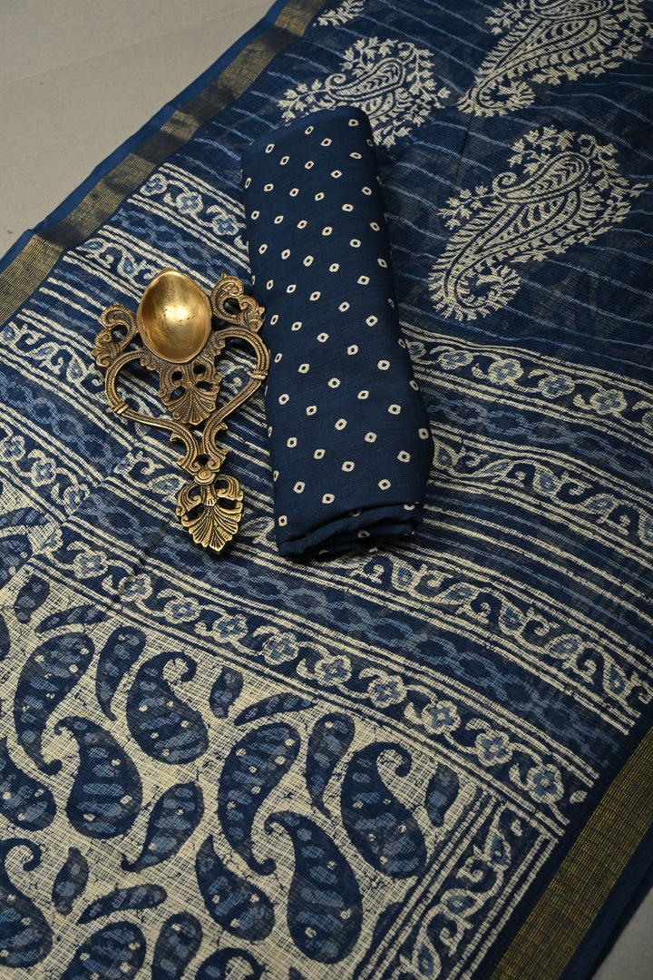 Beige Kota Doria Cotton Saree with Paisley Hand Block Print and Minimal Tissue Zari Border