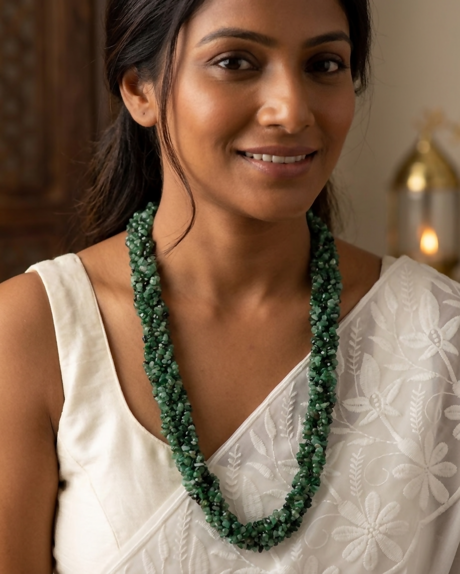 Vana Ratna: Original Emerald Uncut Braided Mala  | SHOBITAM