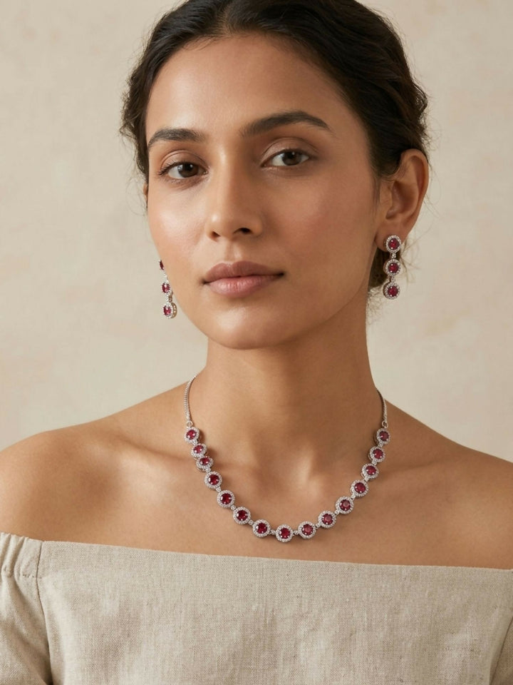 Silver Plated American Diamond Necklace Set | SHOBITAM
