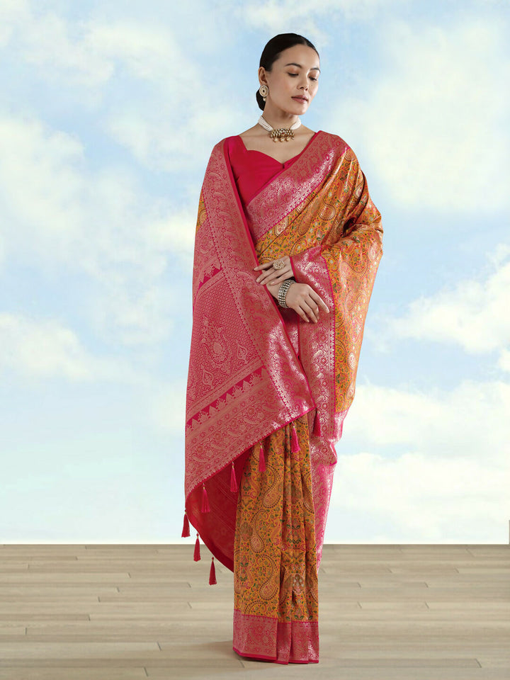 Mustard Banarasi Semi Silk Saree With Traditional Paisley Weaves | SHOBITAM