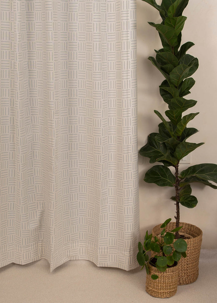 Hashlines 100% cotton geometric curtain for living room - Light Reduction - Grey - Single Piece | SHOBITAM
