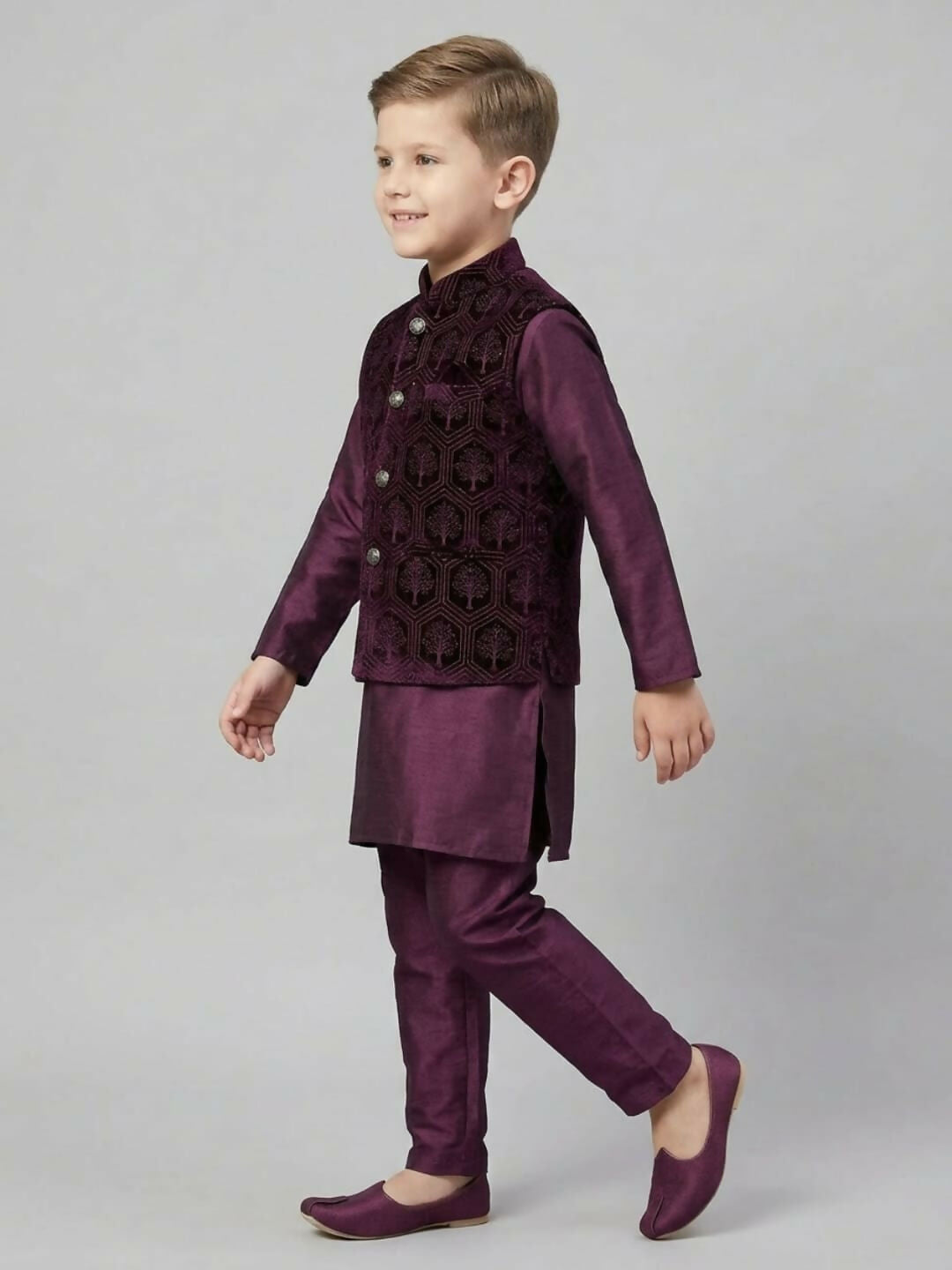 Boys Maroon Kurta Pajama Set with Embroidered Nehru Jacket | SHOBITAM