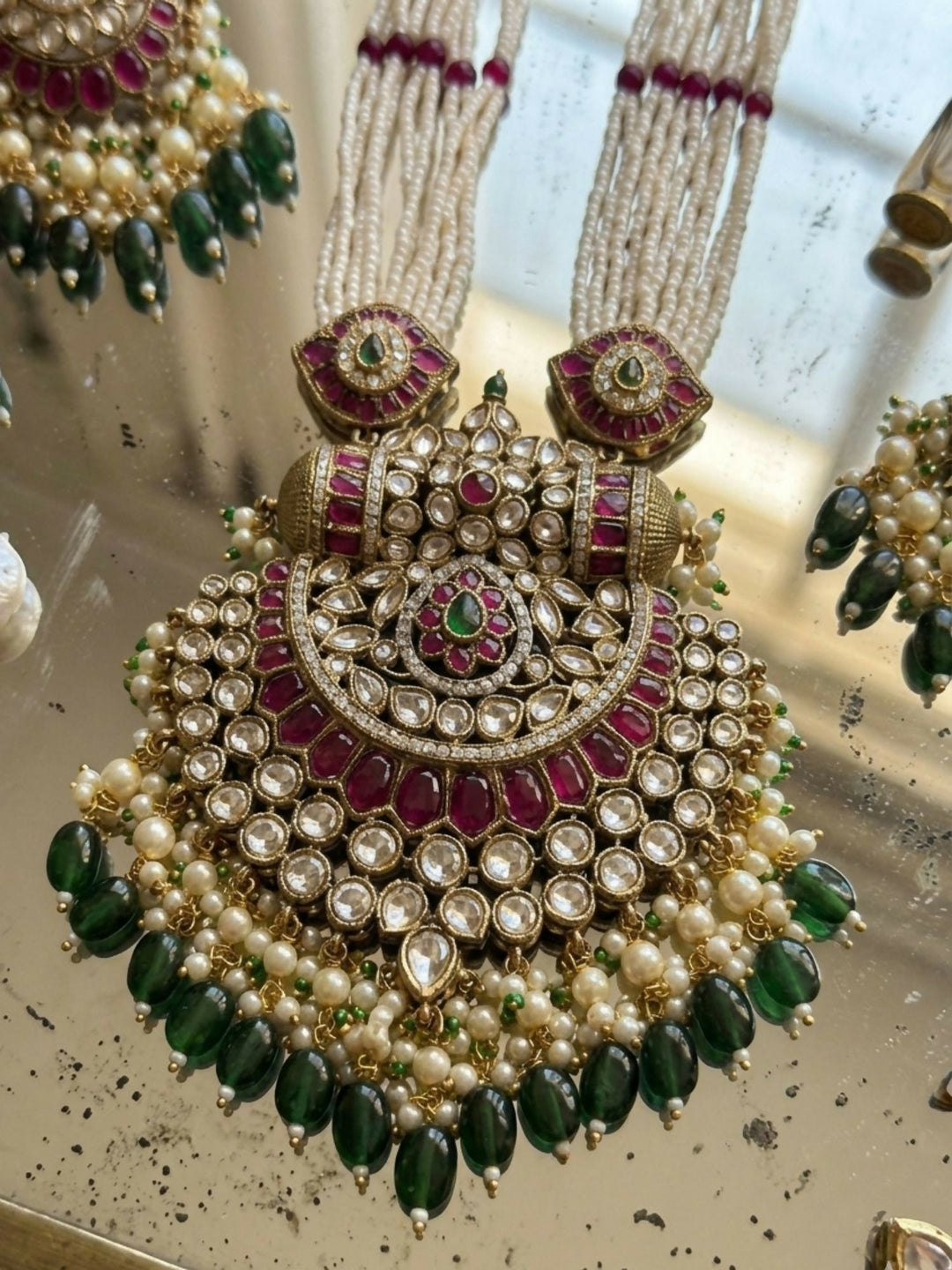 Gold Plated Long Bridal Polki Stone Necklace Set | shobitam